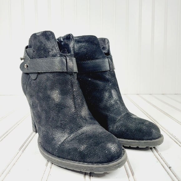 Crown Vintage Black Faux Suede Zip Up Block High Heel Ankle Booties K627 - Picture 4 of 13